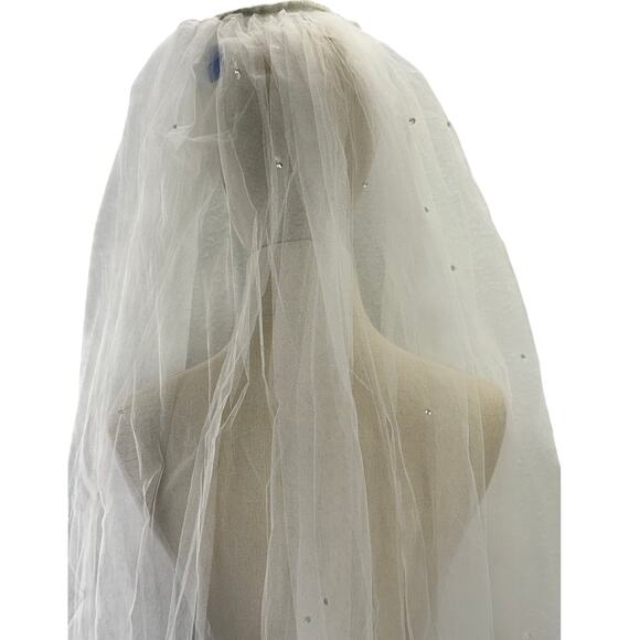 Vintage 90s Bridal Veil Train White Tulle Rhinestone Headband Wedding 95\